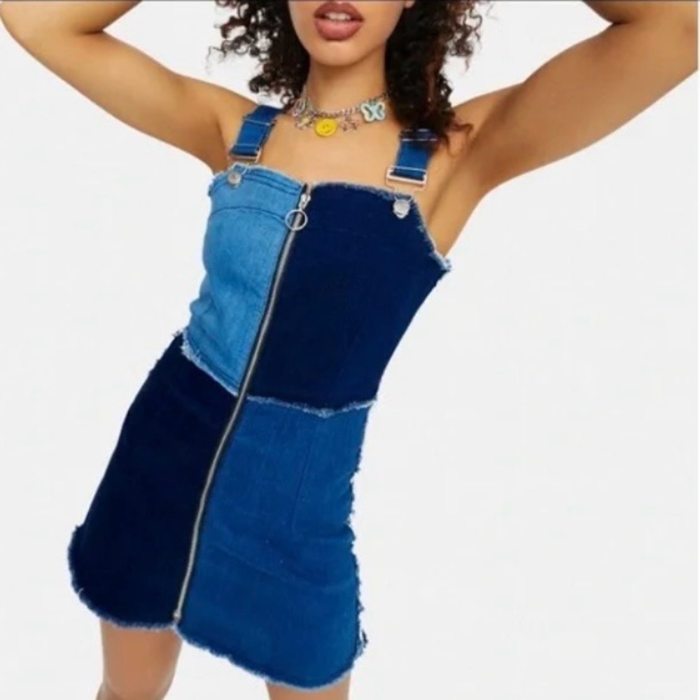 Rue21 mixed denim patchwork raw hem overalls jean mini dress. Size XS